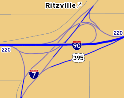 A close-up of the I-90/I-7 interchange near Ritzville