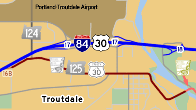 This map shows Historic Columbia River Highway's previous alignment from Wood Village to Troutdale