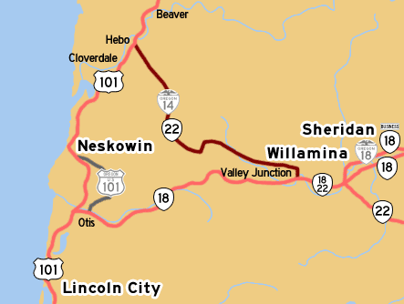 This map shows OR-14's former alignment