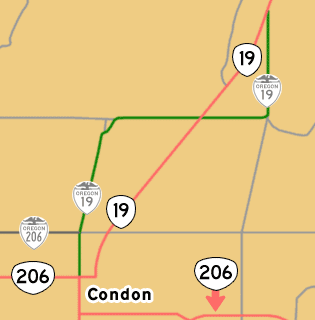 This map shows OR-19's previous alignment north of Condon