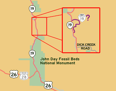 This map shows OR-19's previous alignment north of Picture Gorge Jct.