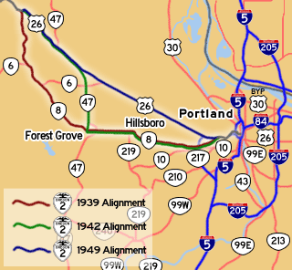 This map shows OR-2's three alignments in its 13 year lifespan