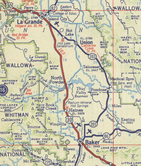 This map shows OR-203's alignment in 1956.