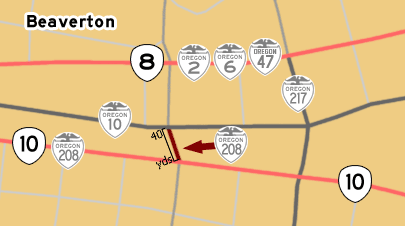 This map shows OR-208's previous alignment in Beaverton