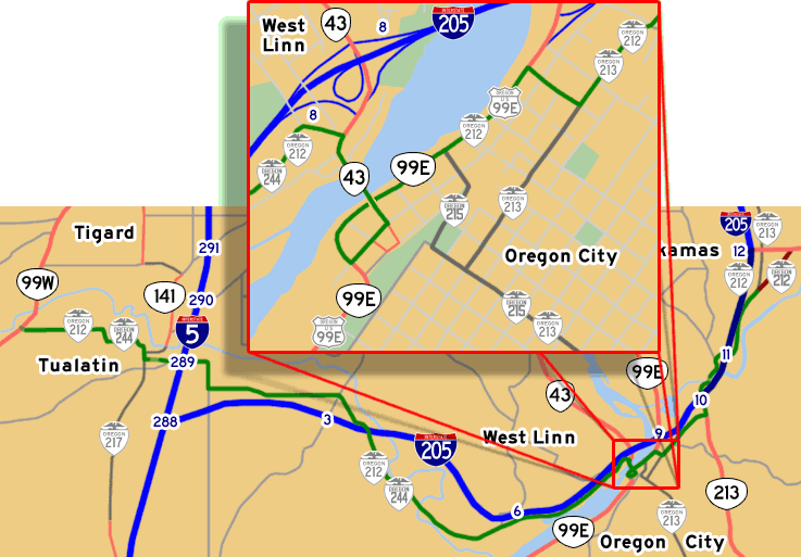 This map shows OR-212's previous alignments from King City to Clackamas