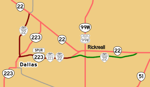 This map shows OR-22's previous alignment through Dallas