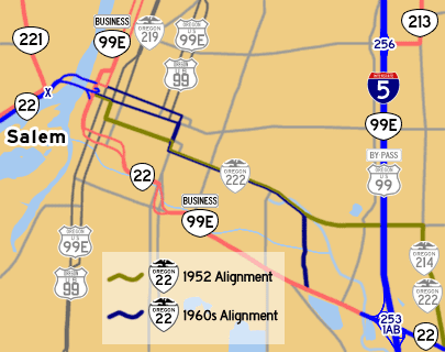 This map shows OR-22's previous alignments through Salem