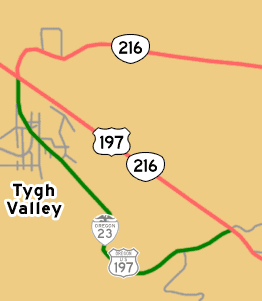 This map shows OR-23's alignment through Tygh Valley