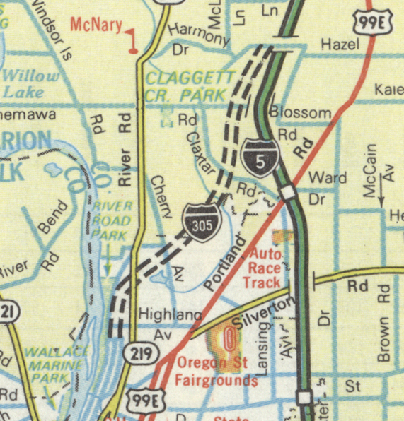 Proposed Interstate 305 Routing on 1969 Shell R. R. Donnelley map of Oregon