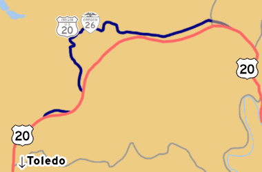 This map shows US-20's previous alignment between Toledo and Chitwood