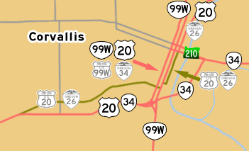 This map shows US-20's previous alignment through Corvallis