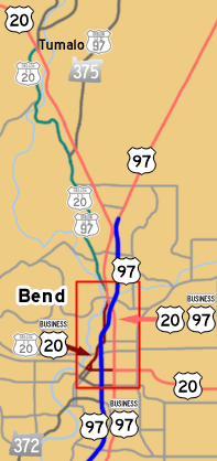 This map shows US-20's previous alignment from Tumalo to Bend