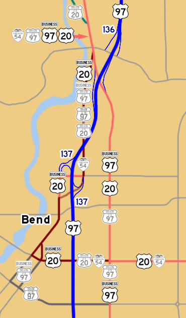 This map shows US-20's previous alignment through Bend