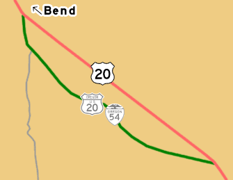 This map shows US-20's previous alignment east of Bend