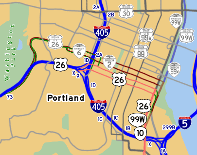 This map shows US-26's previous alignments through Portland