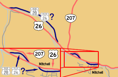 This map shows US-26's previous alignment around Mitchell