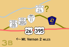 This map shows one of US-26's previous alignments between Mt. Vernon and John Day
