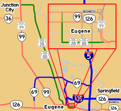 This map shows US-28's alignment from Junction City through Eugene