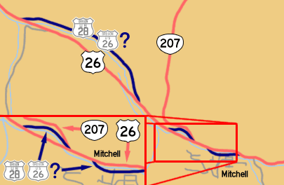 This map shows US-28's previous alignment around Mitchell