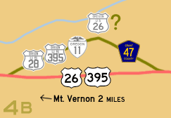 This map shows one of US-28's previous alignments between Mt. Vernon and John Day